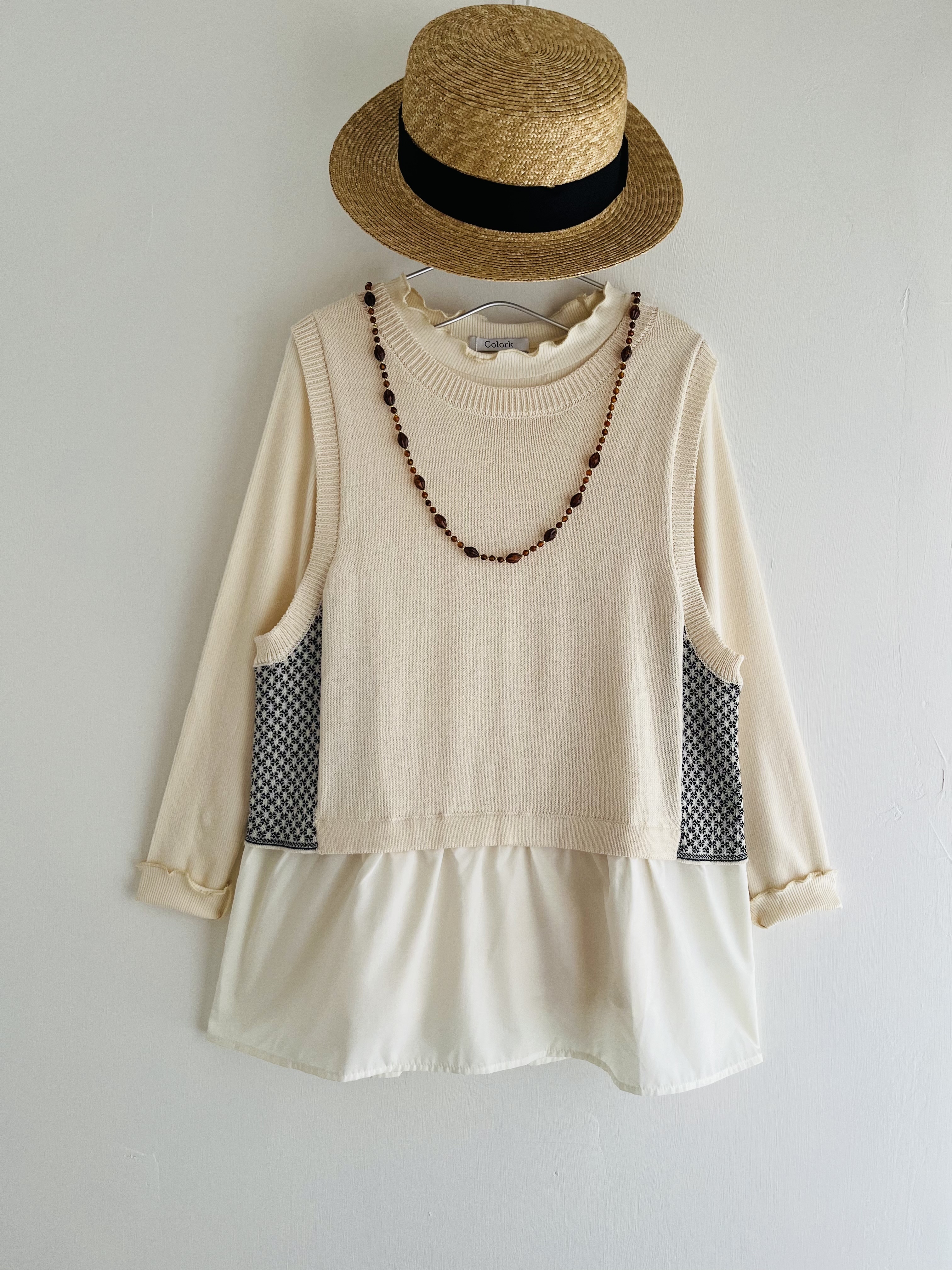 米色針織拼背心