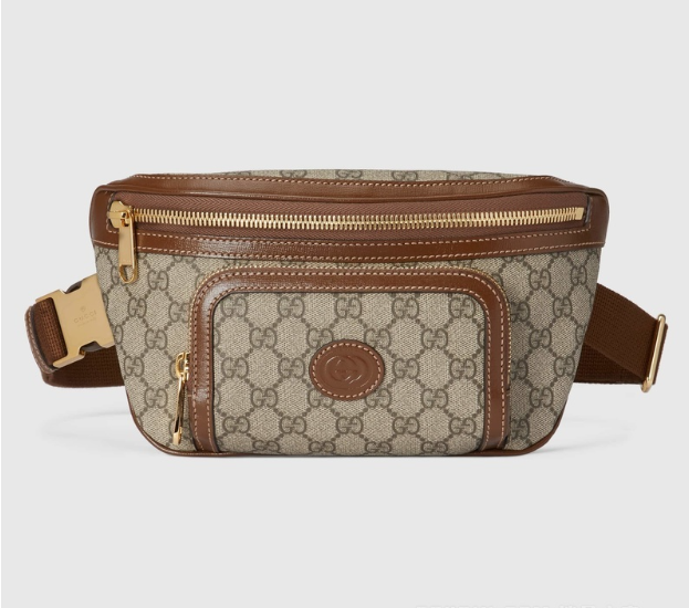[E] GUCCI BEIGE/EBONY MEN’S GUCCI LOGO PATCH MONOGRAMMED BELT BAG, 73324092THG-8563 (EGC69)