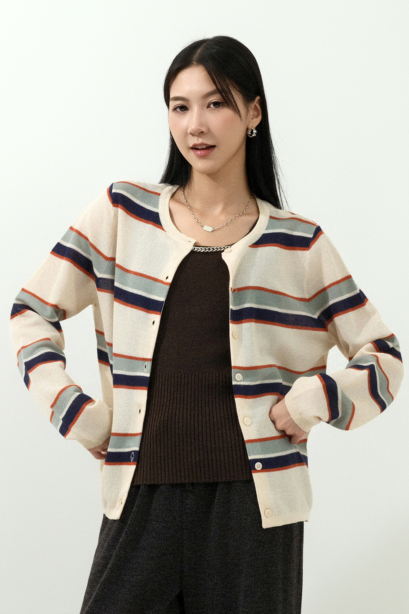 粗幼撞色間乾爽線cardigan (現貨款式）