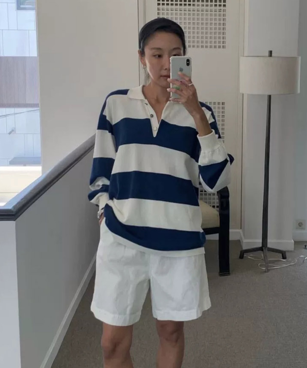 ᴷᴼᴿᴱᴬ 🇰🇷俏皮海軍藍清新條紋寬鬆長袖上衣