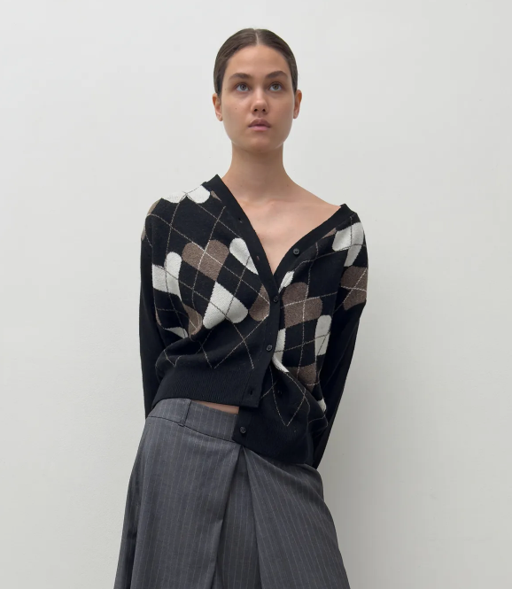 【代購】DIAGONAL HEART ARGYLE KNIT CARDIGAN 格紋愛心針織外套 針織衫 針織開衫 開衫 針織外套 菱格紋 愛心 黑 灰 兩色