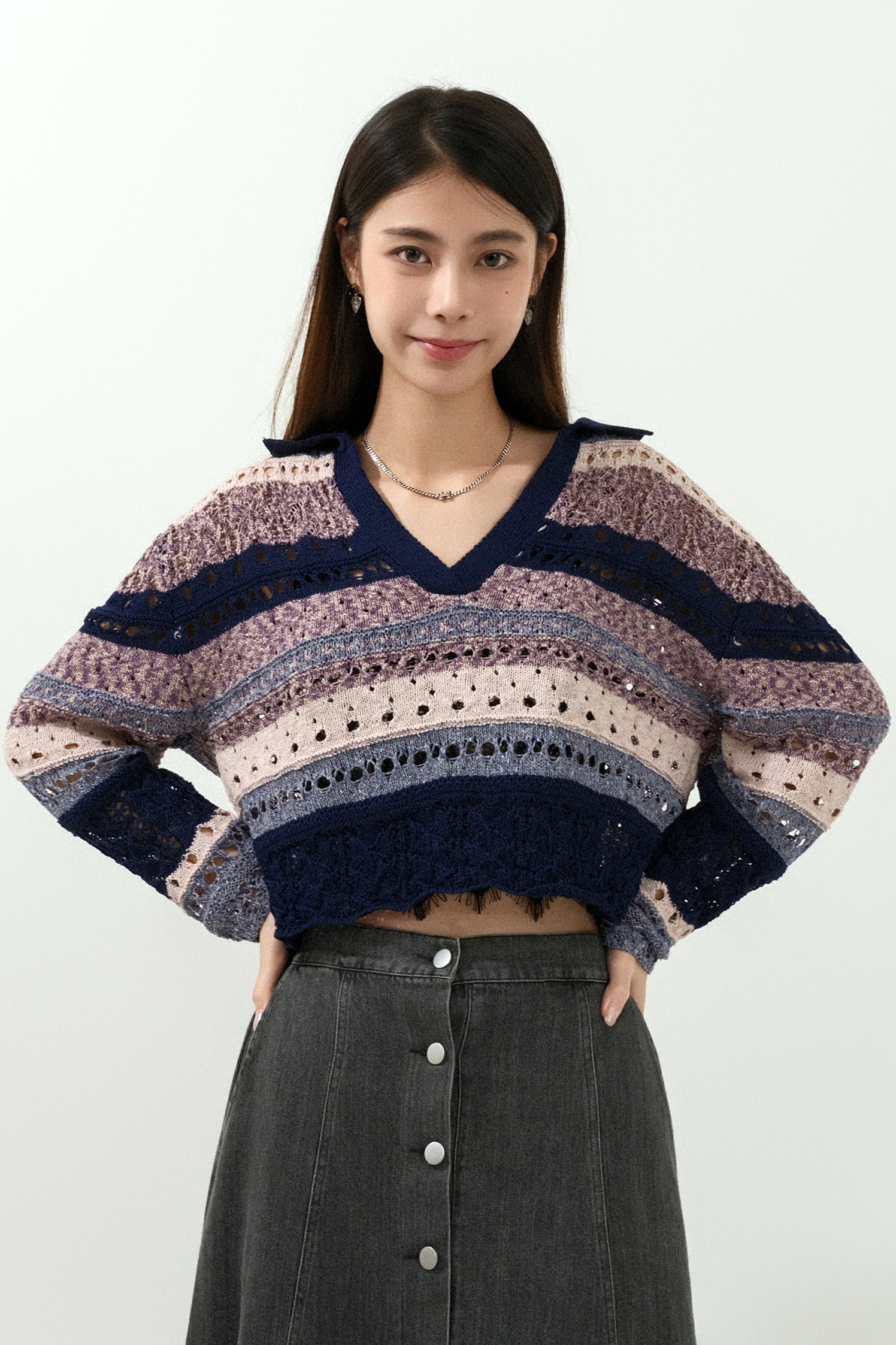 通花間反領針織上衣 (現貨款式）