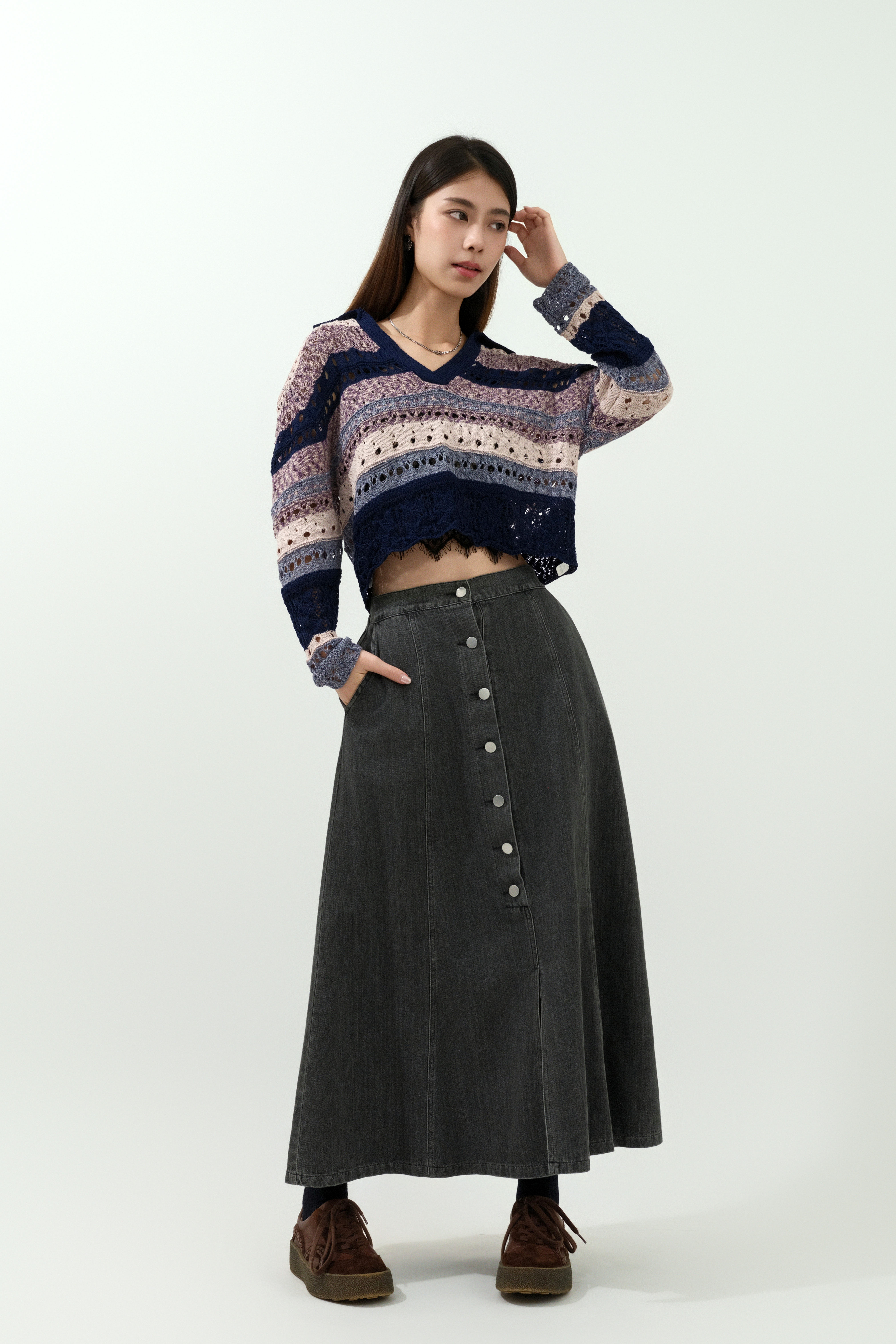 前中開鈕A形牛仔裙 (現貨款式）