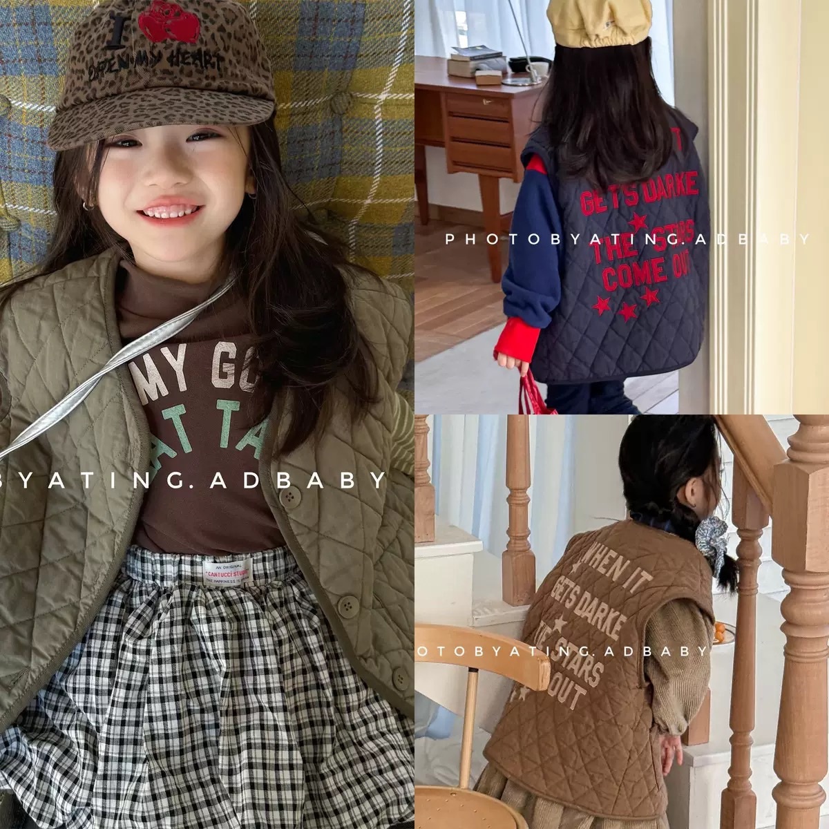 三色刺繡字母夾棉背心