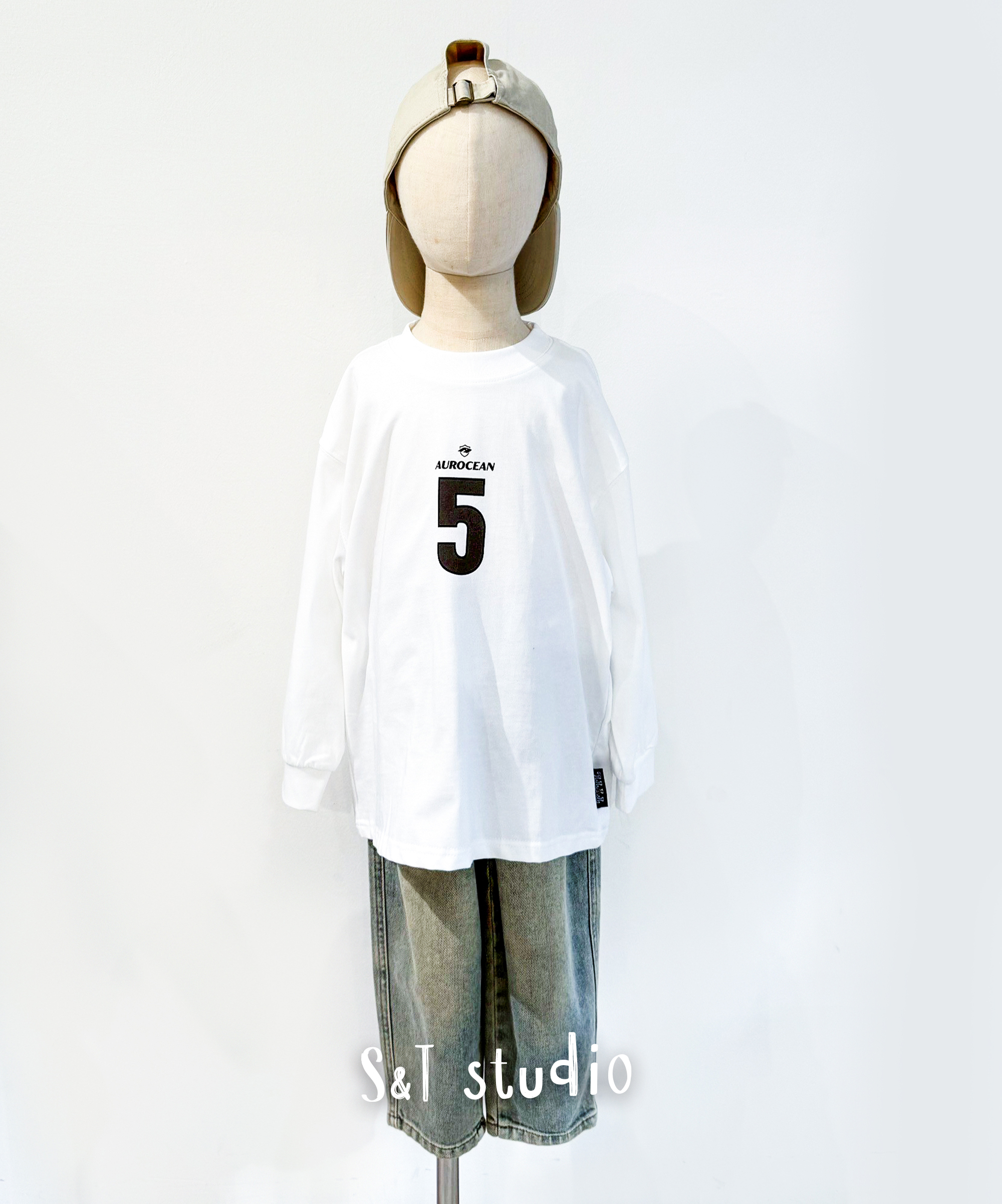 No.5 白色字母大學Tee (120-160)