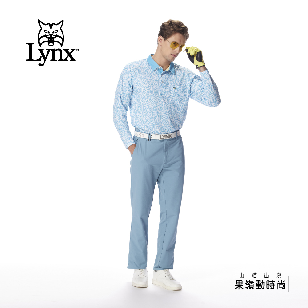 【Lynx Golf】男款彈性舒適後腰剪接羅紋設計簡約外觀休閒長褲