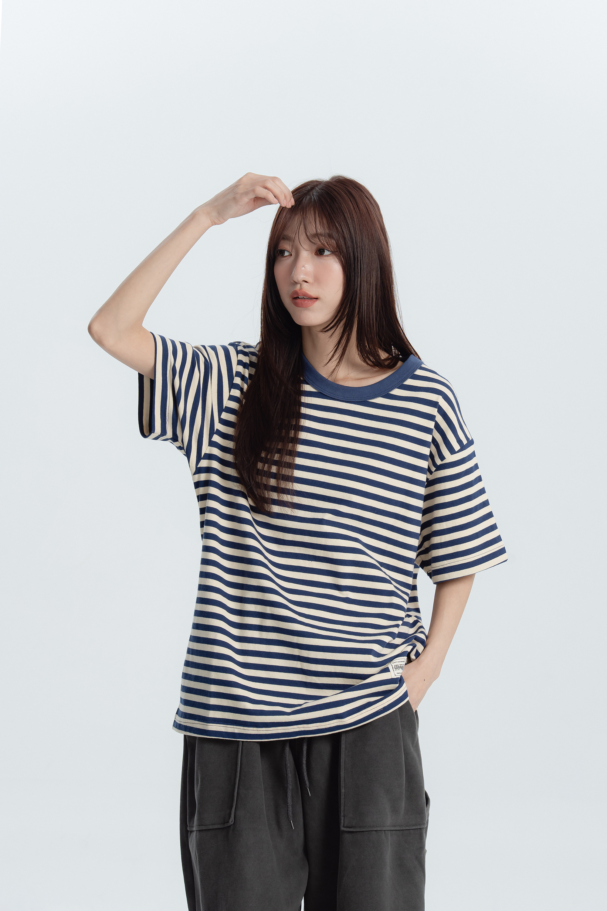 撞色橫條紋小標短袖t 2色
