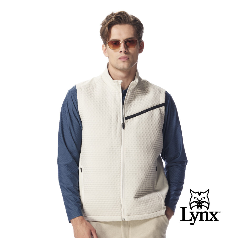 【Lynx Golf】男款防風保暖防潑水剪接後背羅紋立領壓紋背心