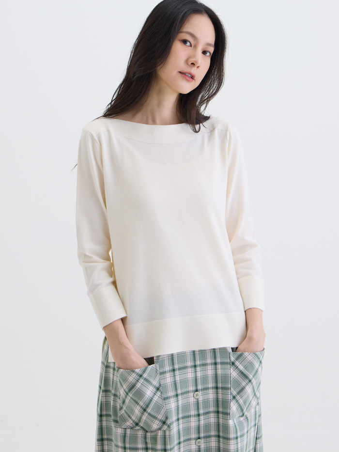 赫本小姐船型領針上衣-桔梗白