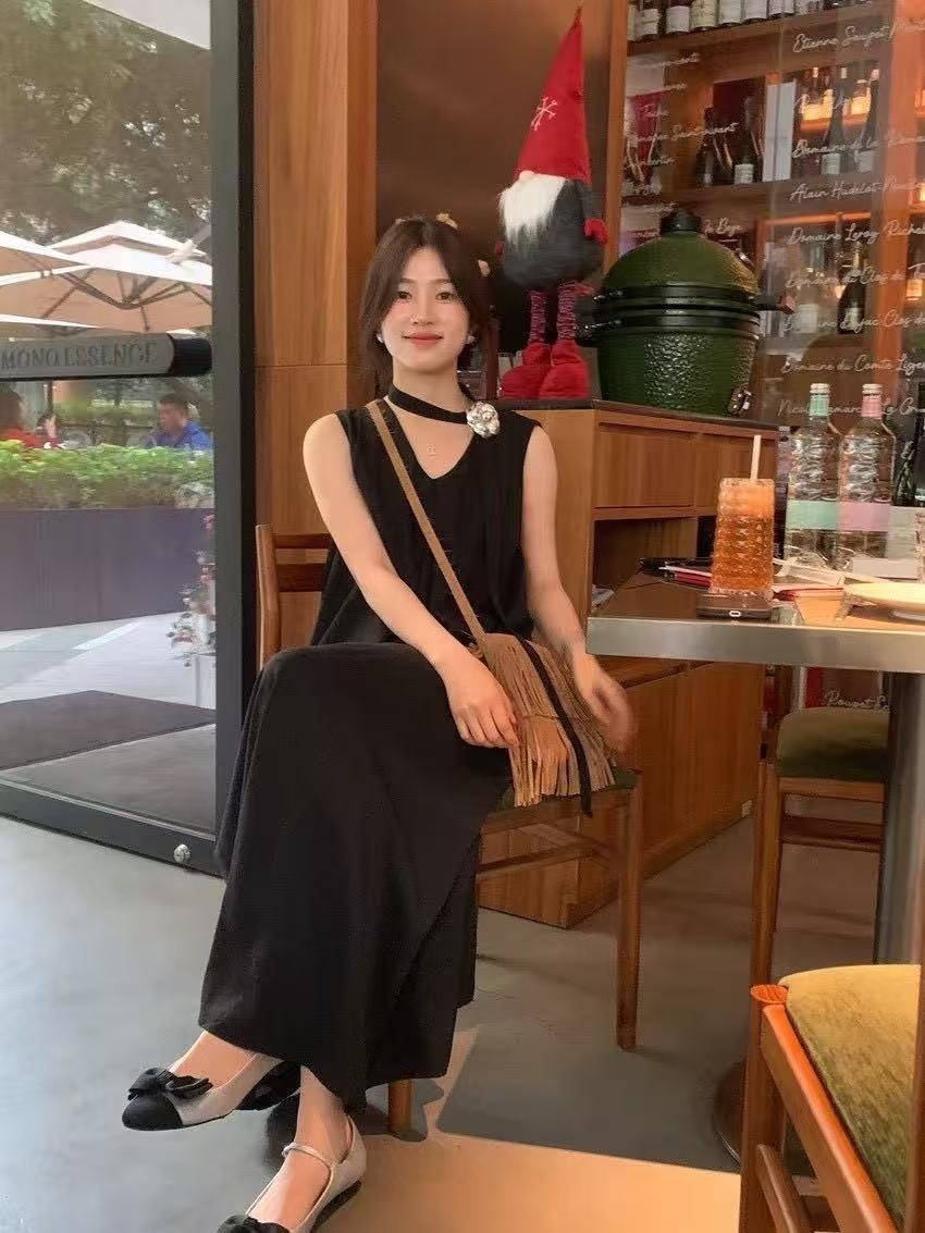 0878 V領打摺背心長洋(附腰綁)