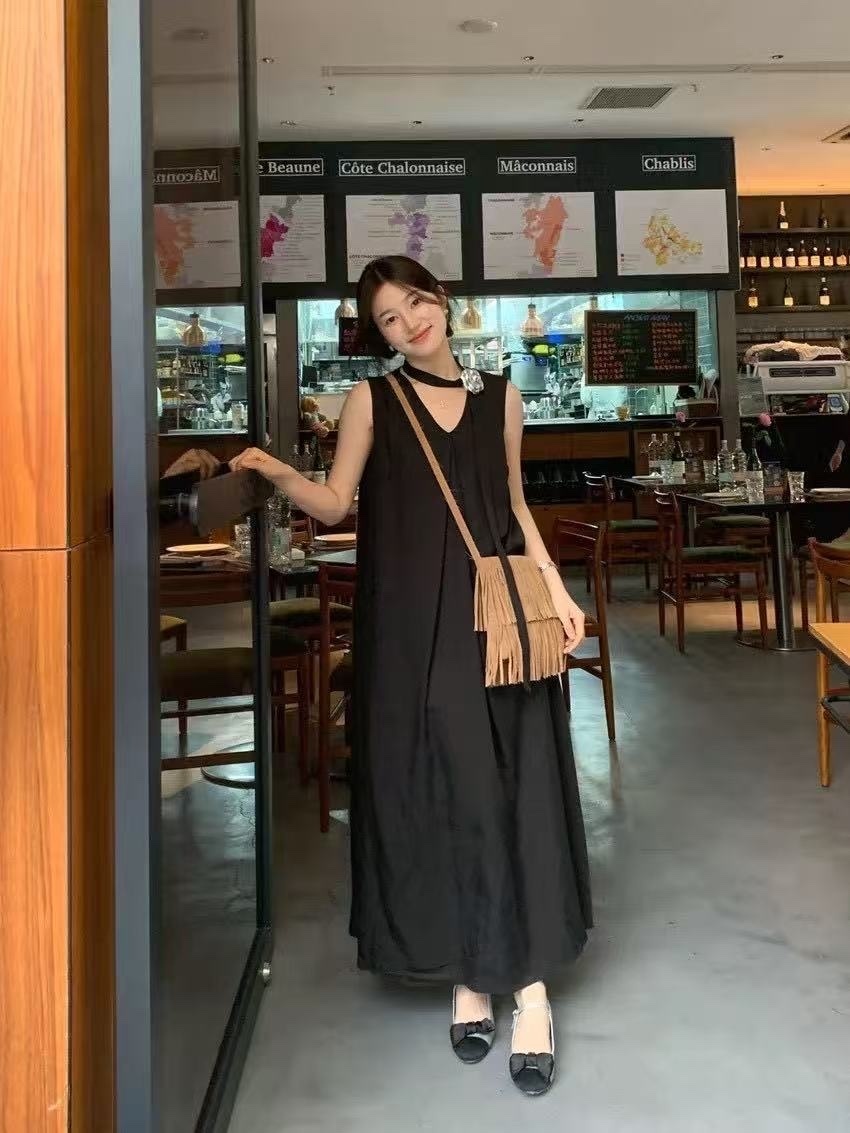 0878 V領打摺背心長洋(附腰綁)