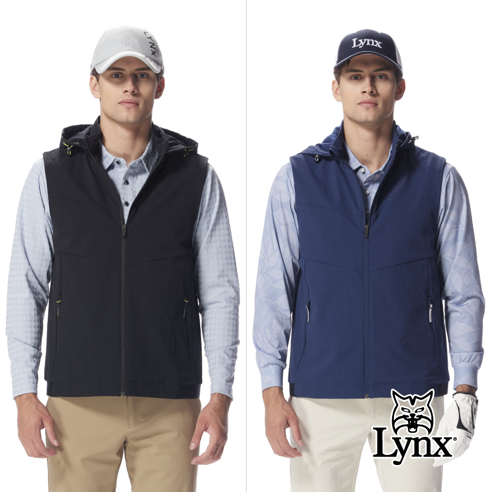 【Lynx Golf】男款防風防潑水剪裁造型LOGO印花立領連帽背心
