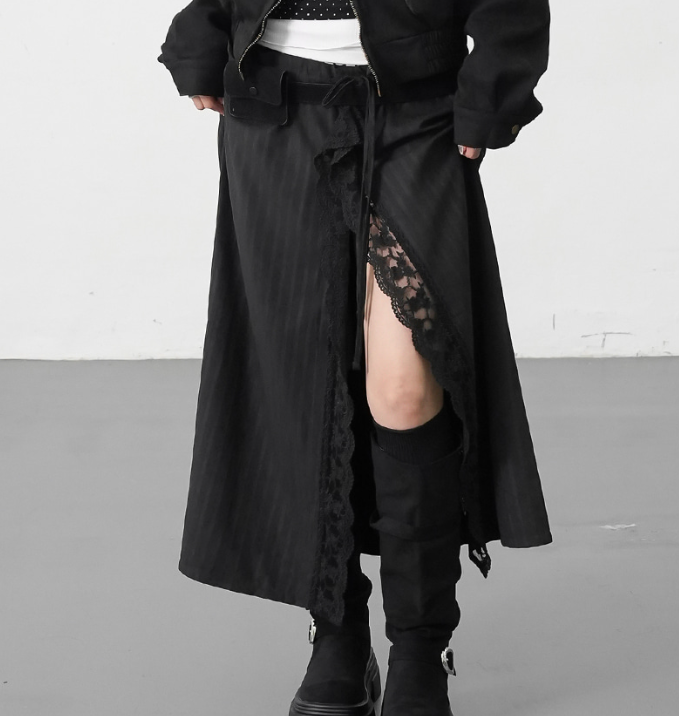 【代購】Binary01 Kebit條紋蕾絲長裙 開岔 蕾絲 兩色