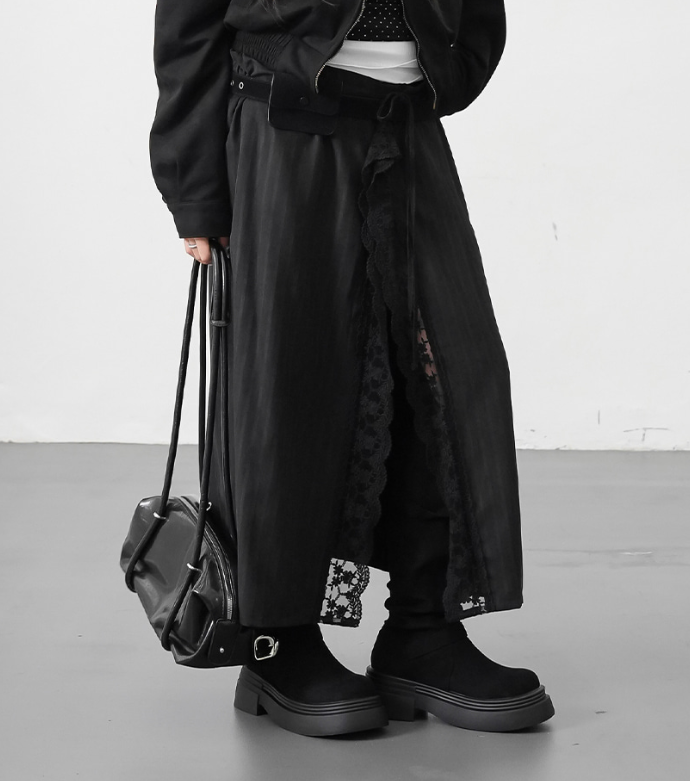 【代購】Binary01 Kebit條紋蕾絲長裙 開岔 蕾絲 兩色