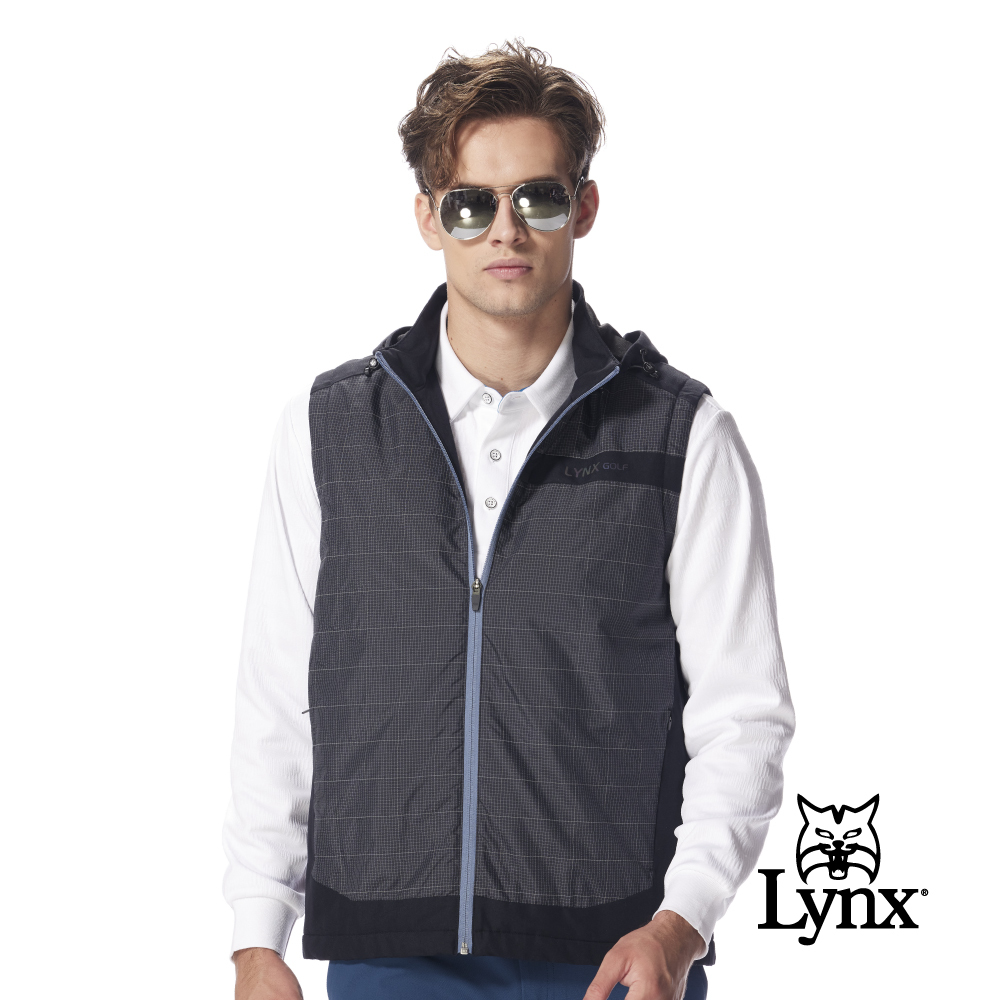 【Lynx Golf】男款遠紅外線保暖3M反光紗格紋立領連帽背心