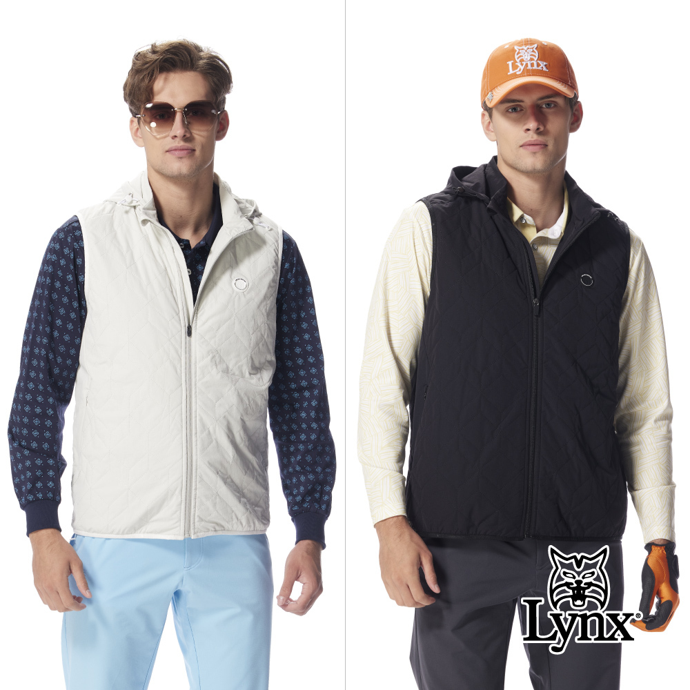 【Lynx Golf】男款防風保暖菱形幾何壓紋立領連帽背心
