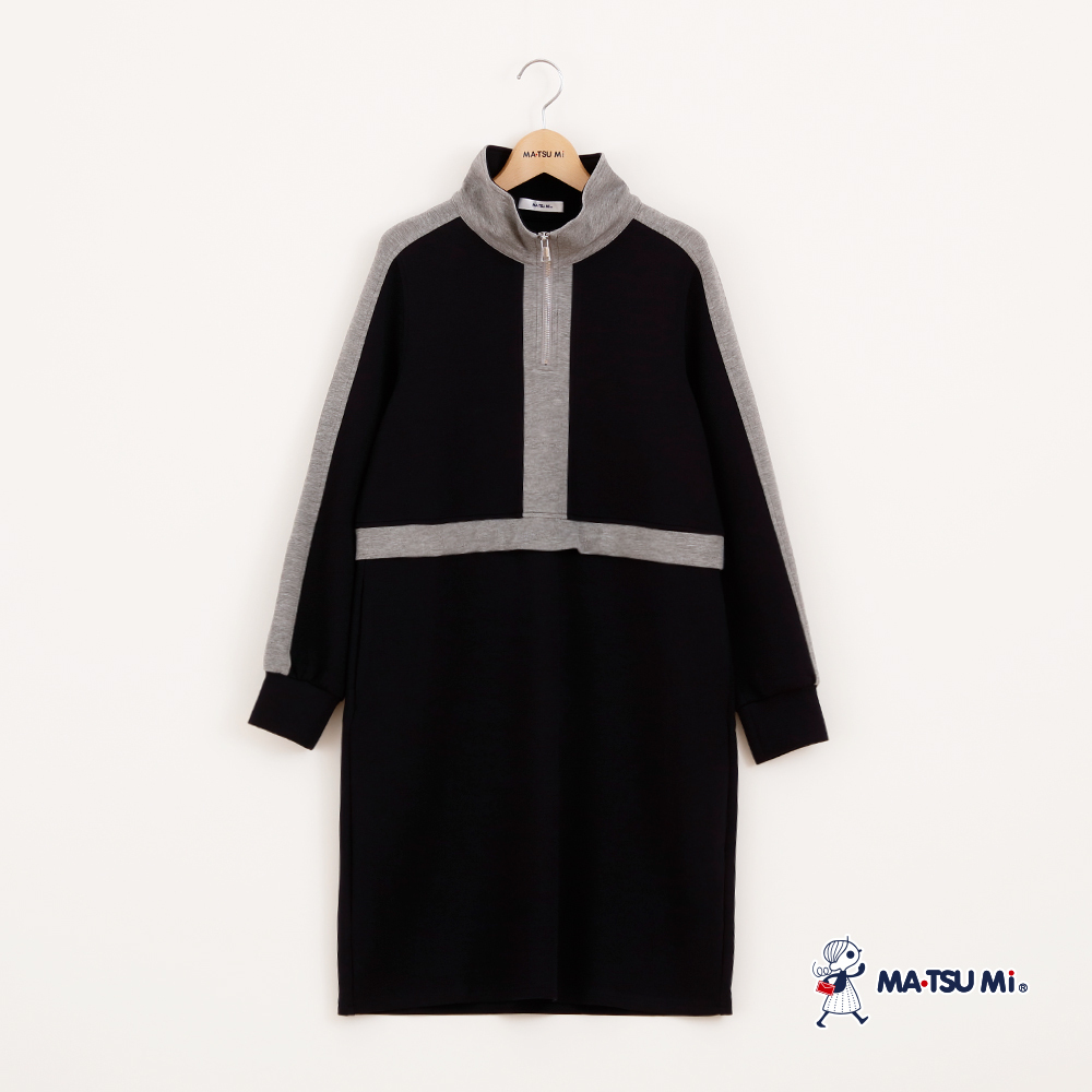 MA‧TSU Mi 時髦設計感拚色抽繩一字拉鍊長袖洋裝(深藍)