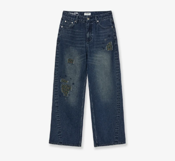 【代購】AEAE CHECK PATCHWORK DENIM PANTS ASH BLUE 格紋拼布牛仔褲 深藍 牛仔 拼布 格紋