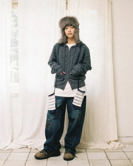 【代購】AEAE CHECK PATCHWORK DENIM PANTS ASH BLUE 格紋拼布牛仔褲 深藍 牛仔 拼布 格紋