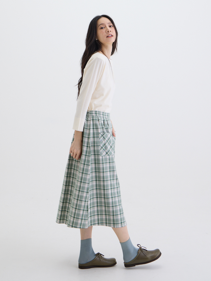 午茶me time格紋開衩中長裙-綠松格