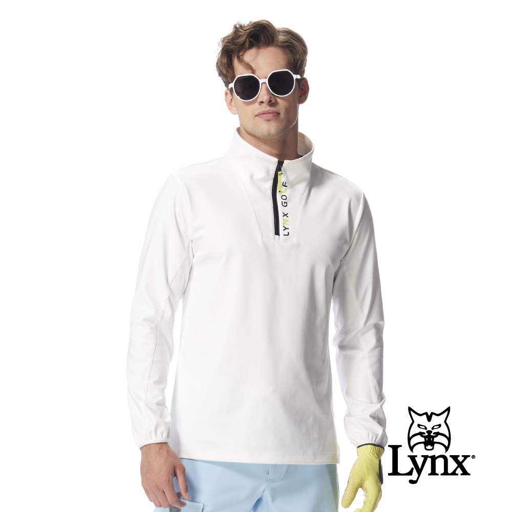 【Lynx Golf】男款吸濕排汗兩穿領型設計印花造型長袖立領T