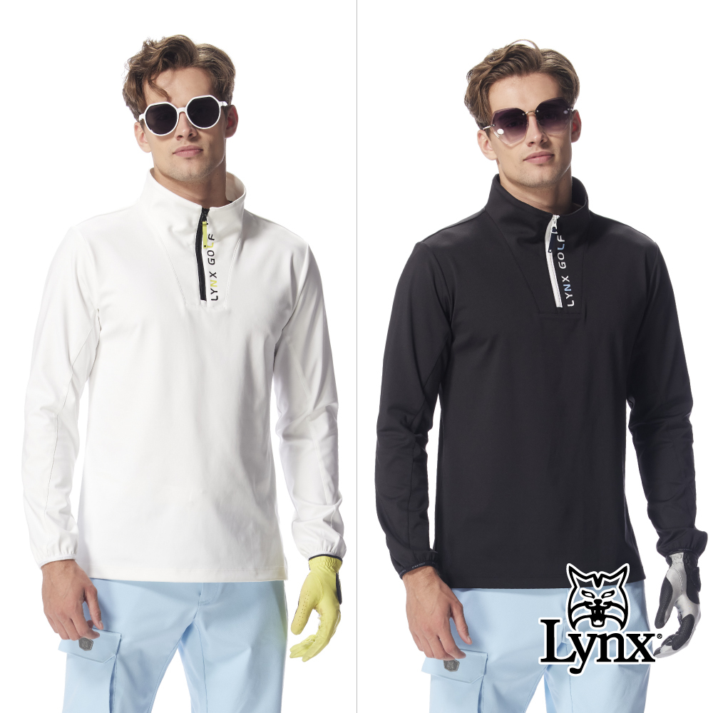【Lynx Golf】男款吸濕排汗兩穿領型設計印花造型長袖立領T