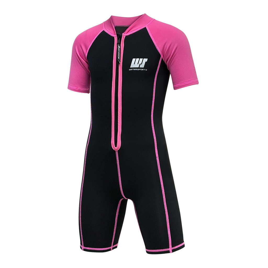 1.2/1mm 兒童短纖抓毛游泳保暖連身衣 - 黑/粉紅