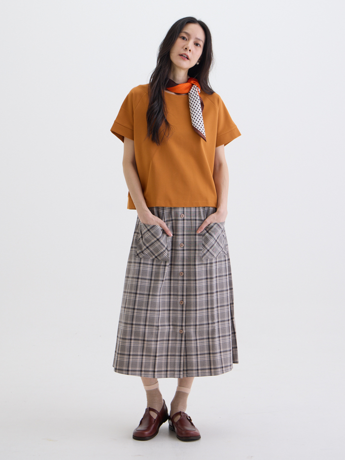午茶me time格紋開衩中長裙-焦茶格