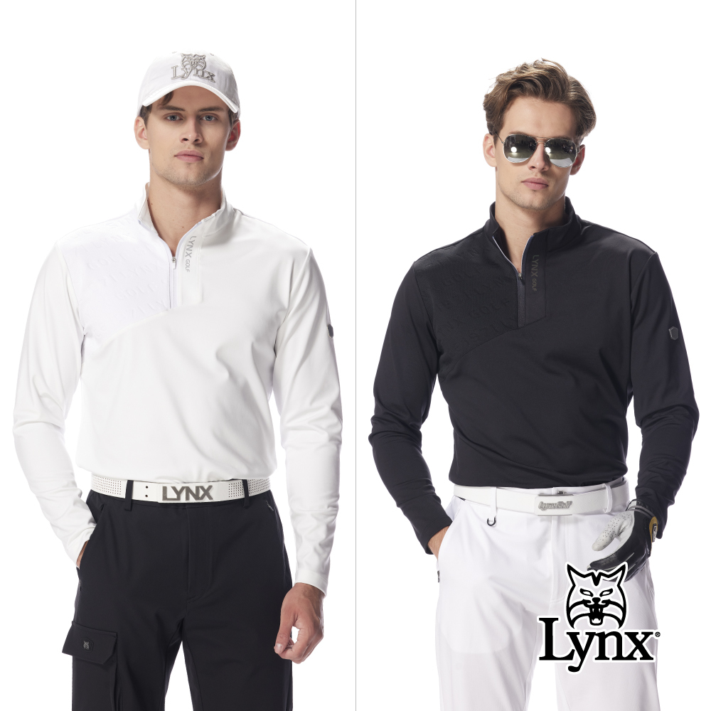 【Lynx Golf】吸濕排汗拼接滿版LOGO拉鍊漸層印花長袖立領T