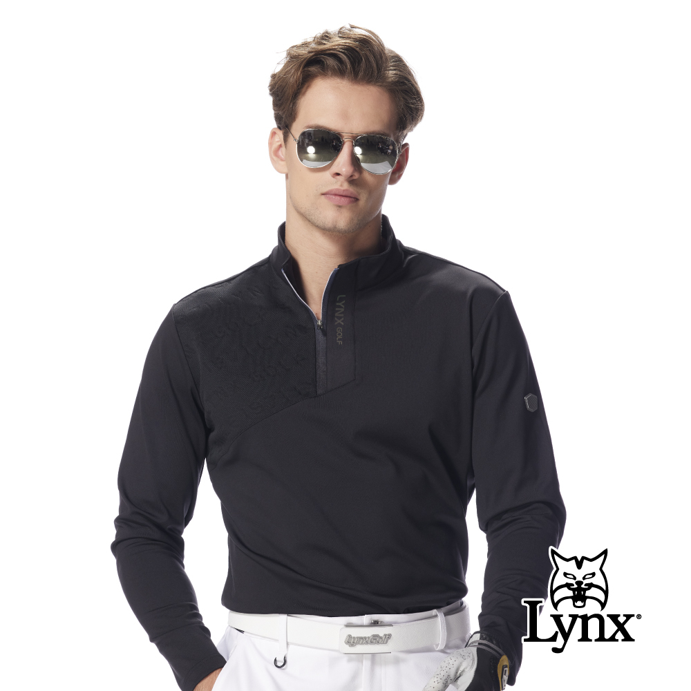 【Lynx Golf】吸濕排汗拼接滿版LOGO拉鍊漸層印花長袖立領T