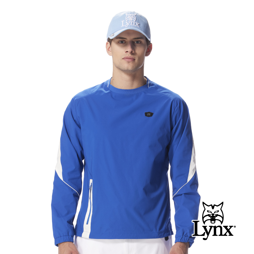 【Lynx Golf】防風防潑水LOGO單口袋背後拉鍊袖剪接長袖圓領T
