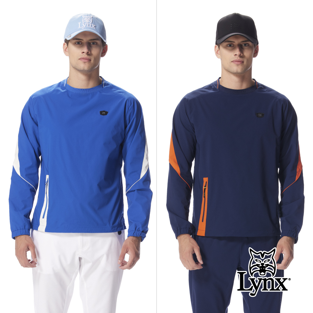 【Lynx Golf】防風防潑水LOGO單口袋背後拉鍊袖剪接長袖圓領T