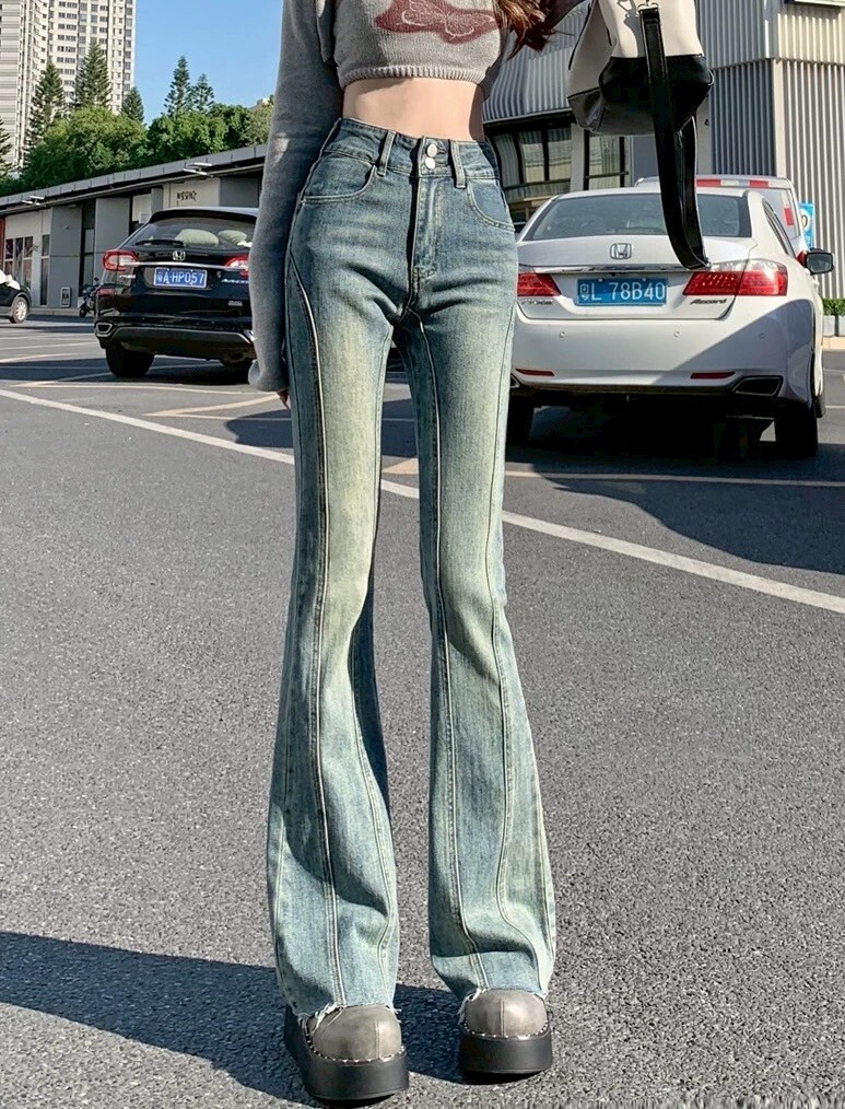 雙金釦兩側壓線牛仔喇叭褲 8023藍 8024黑灰