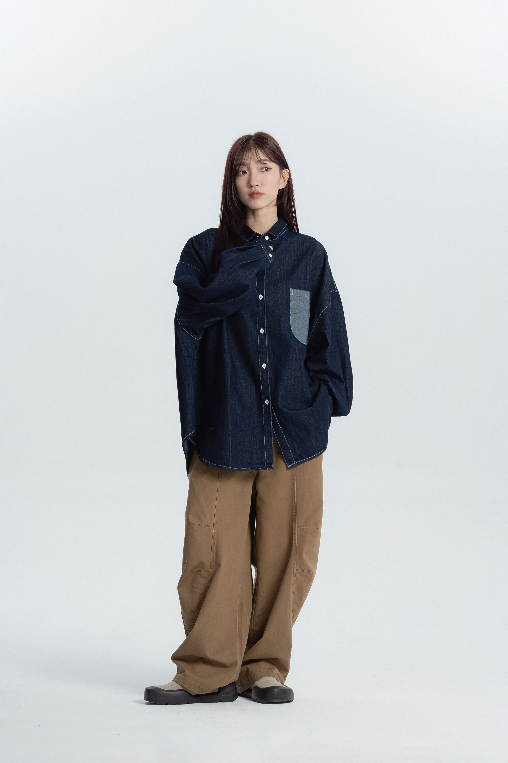 中性小彎車線抓皺長褲 2色