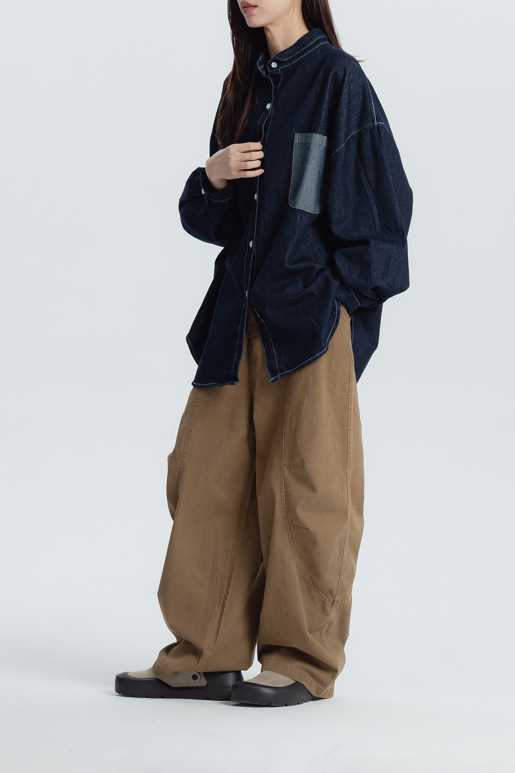 中性小彎車線抓皺長褲 2色