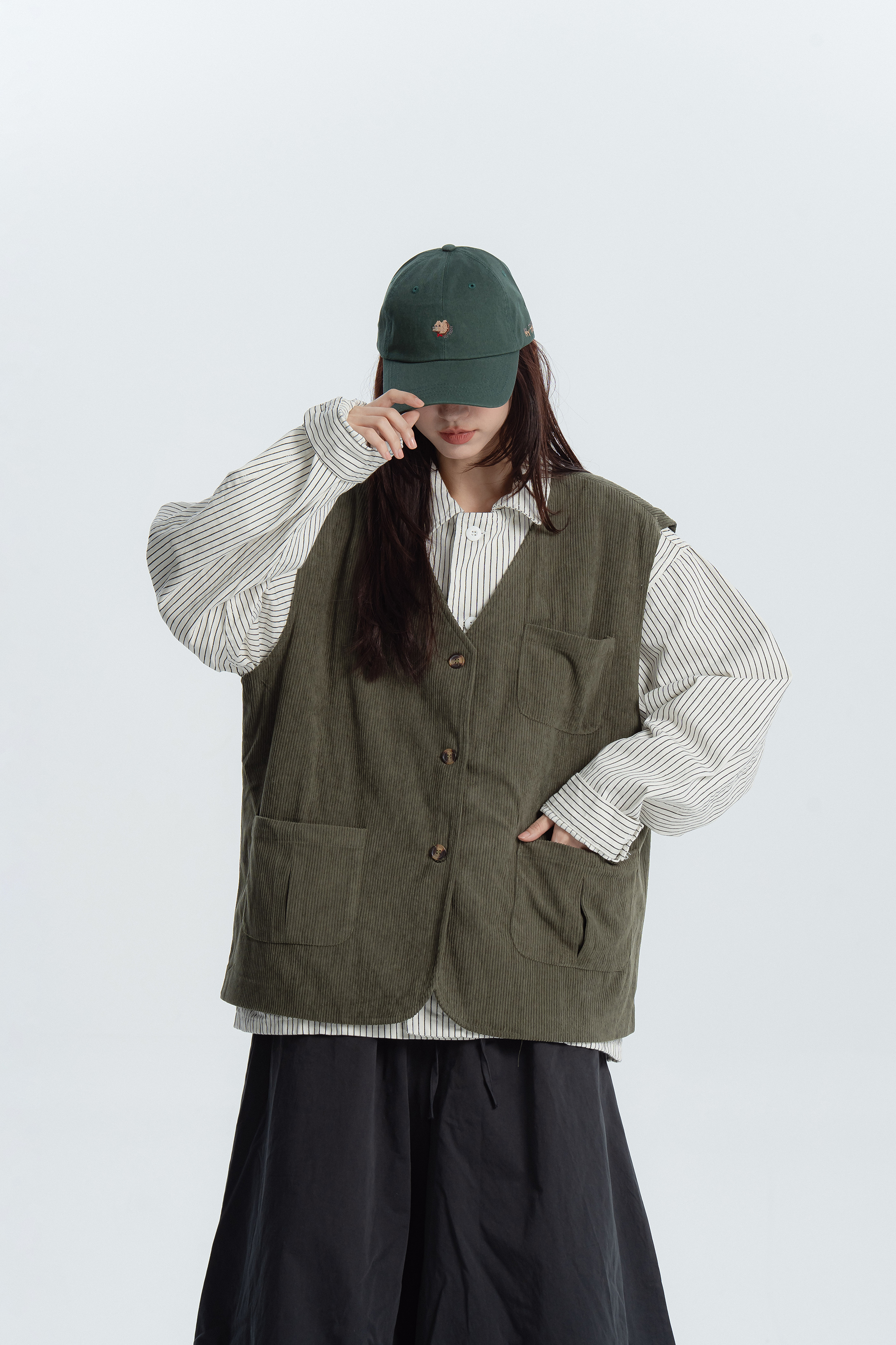 復古燈芯絨V領鈕扣背心 2色