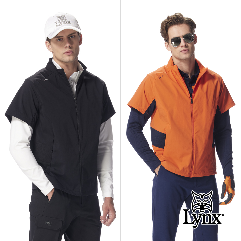 【Lynx Golf】男款拉克蘭袖拼接羅紋下擺抽繩立領T