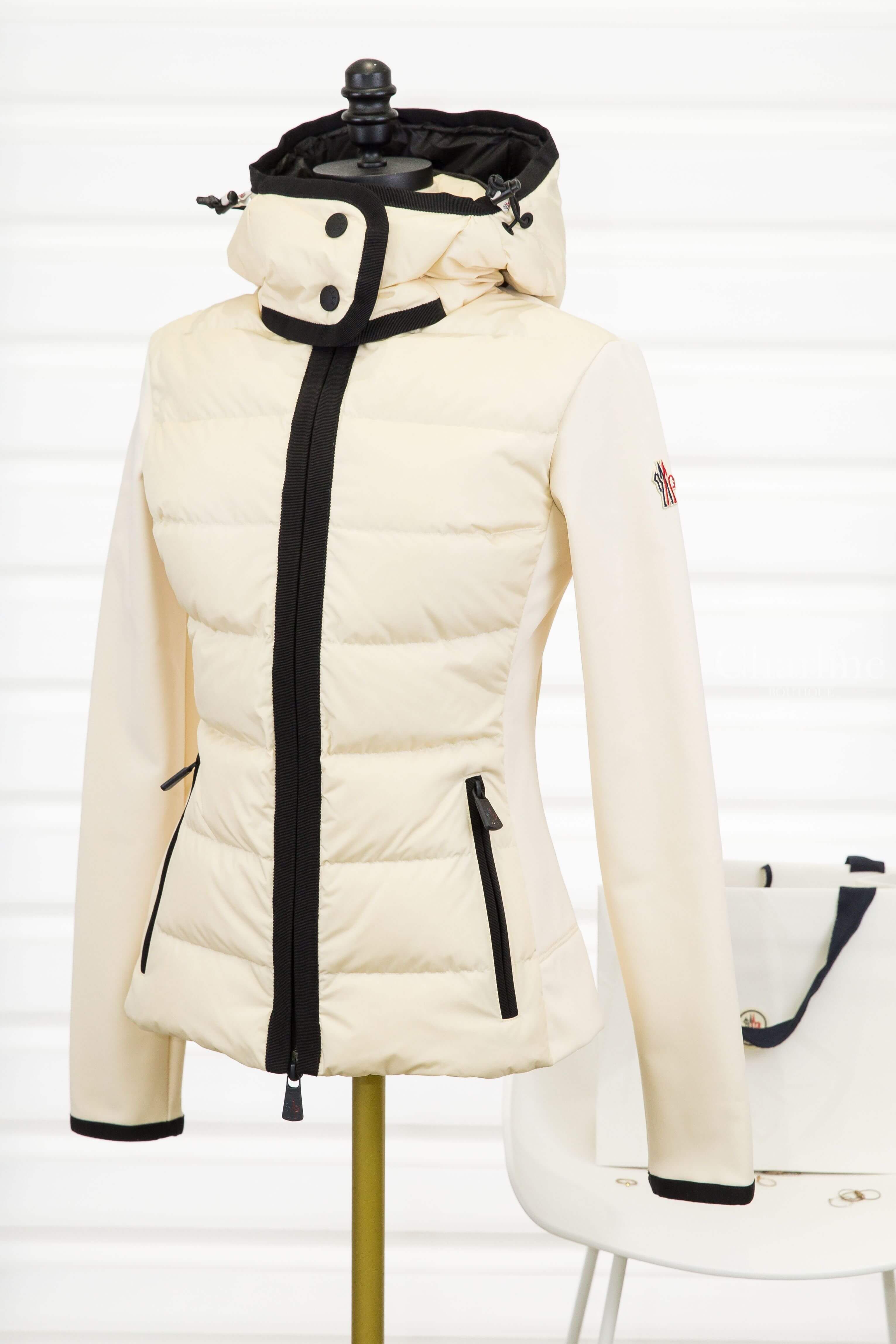 Moncler Padded Zip-Up Hoodie 米白色黑色滾邊連帽拉鍊口袋尼龍拼接輕羽絨外套-Charline Boutique 精品代購