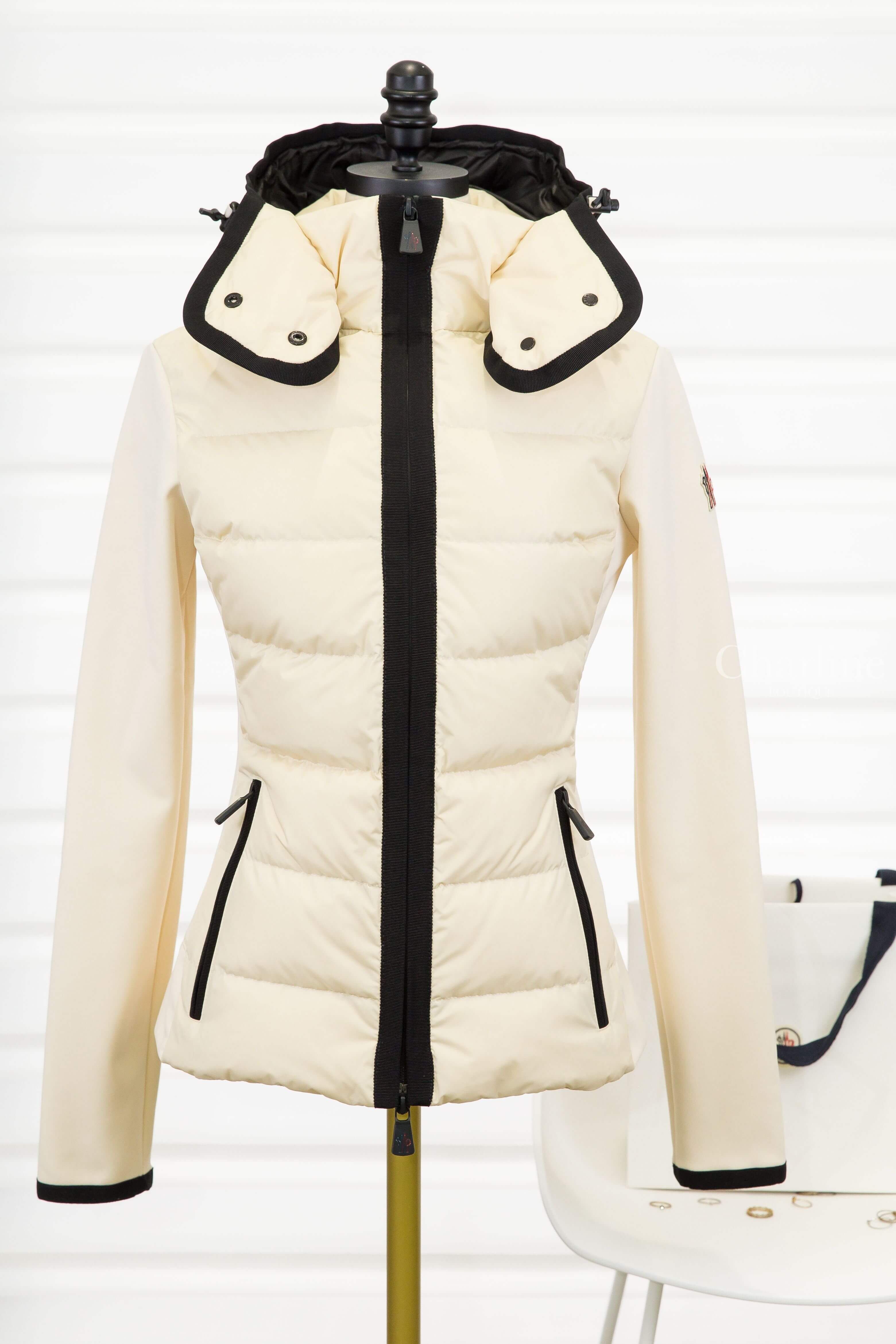 Moncler Padded Zip-Up Hoodie 米白色黑色滾邊連帽拉鍊口袋尼龍拼接輕羽絨外套-Charline Boutique 精品代購