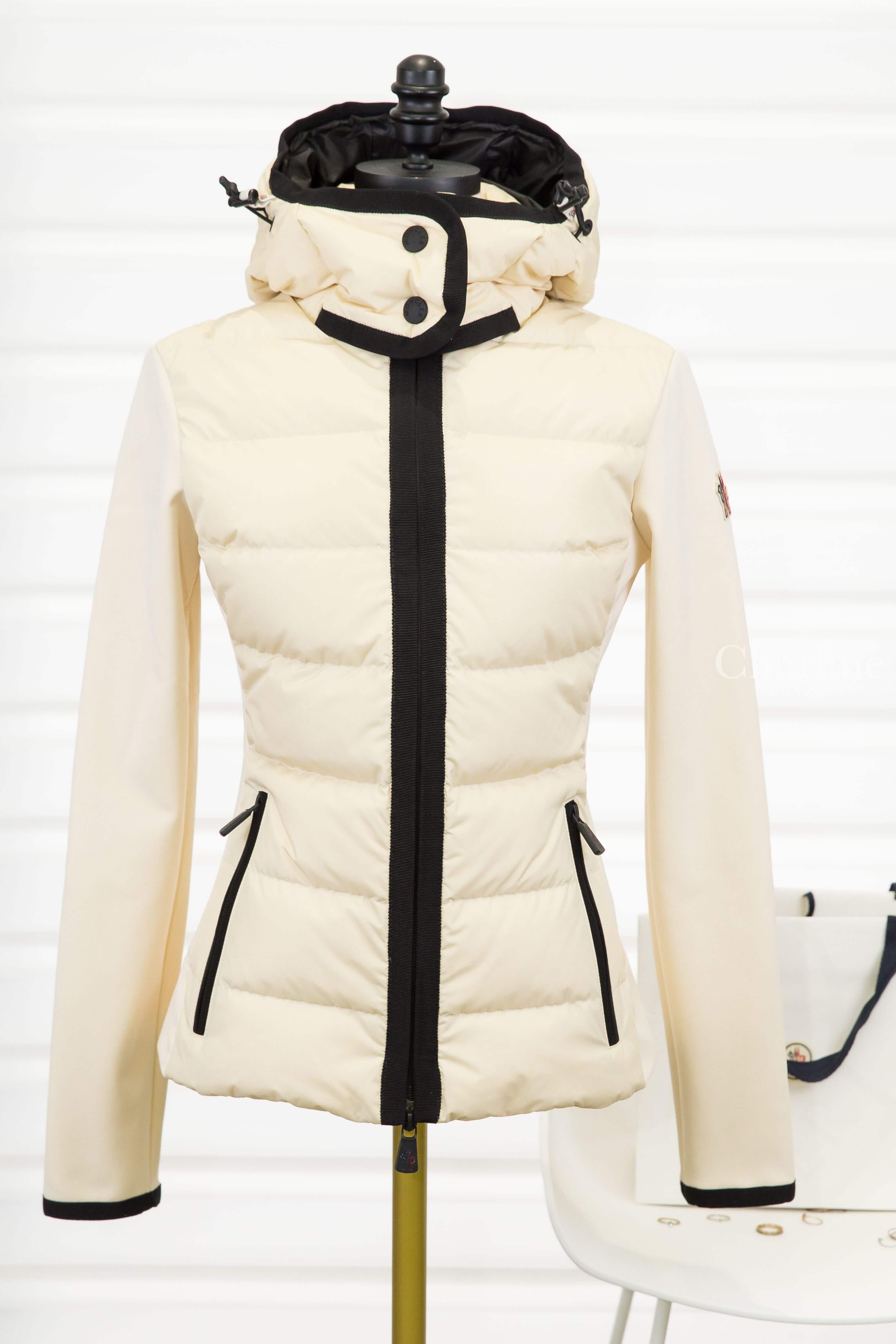 Moncler Padded Zip-Up Hoodie 米白色黑色滾邊連帽拉鍊口袋尼龍拼接輕羽絨外套