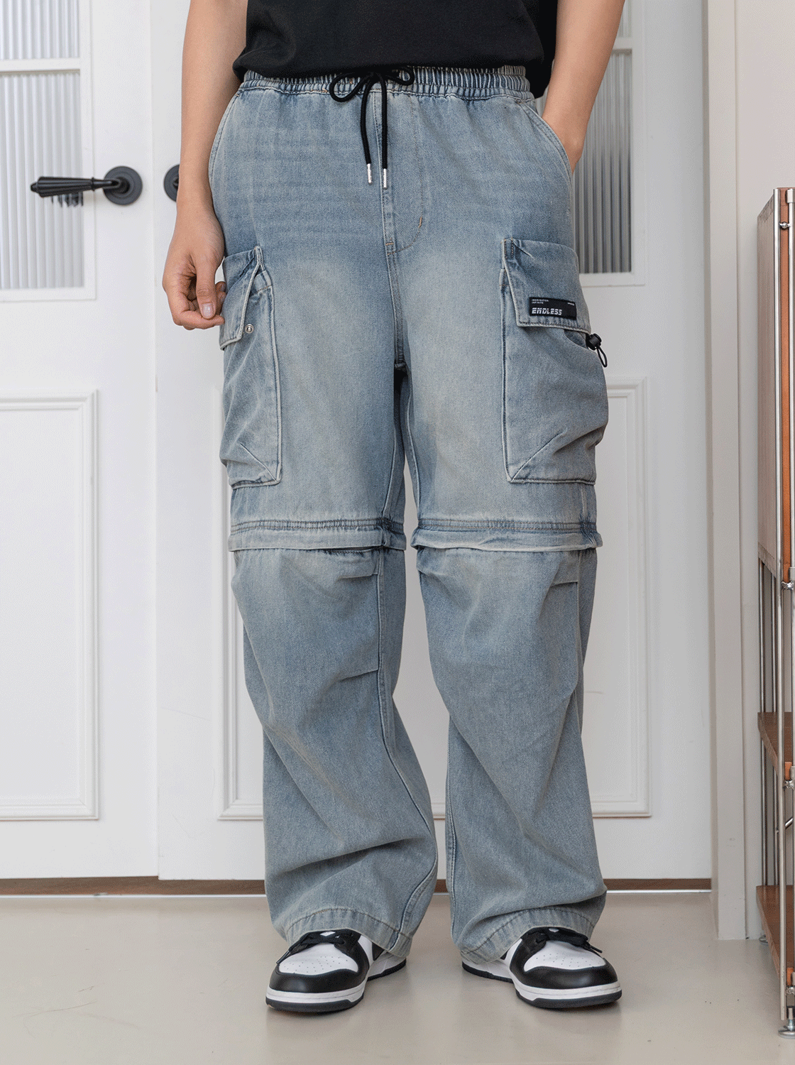 可拆卸工裝口袋丹寧超寬直筒褲