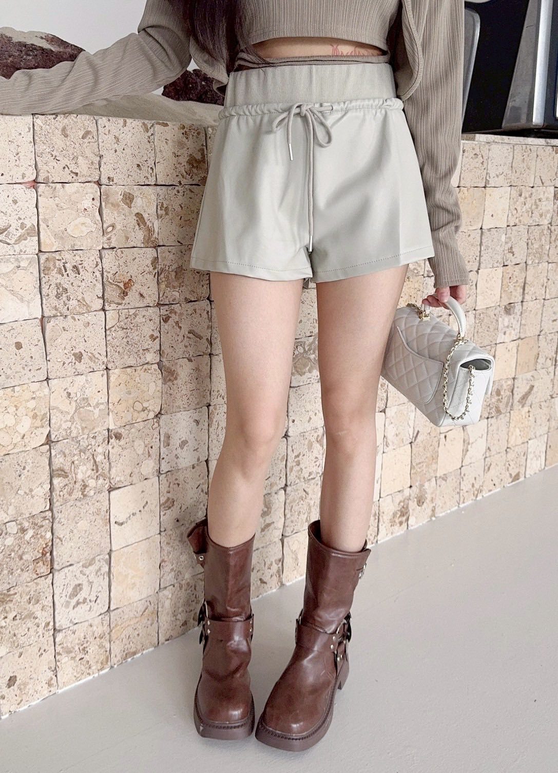 美式復古顯瘦抽繩皮短褲🐼