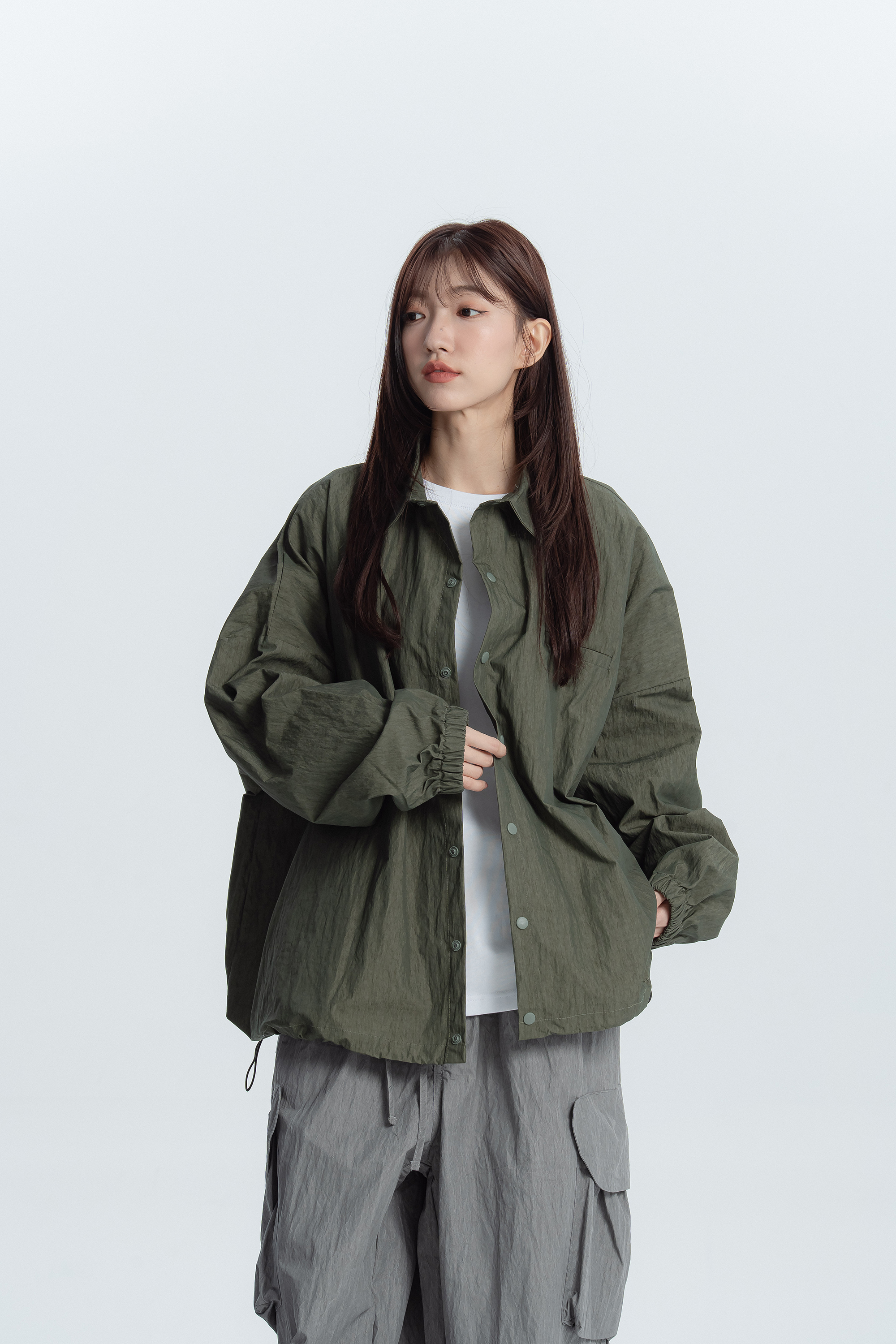 霧感工裝寬鬆縮口長襯 2色