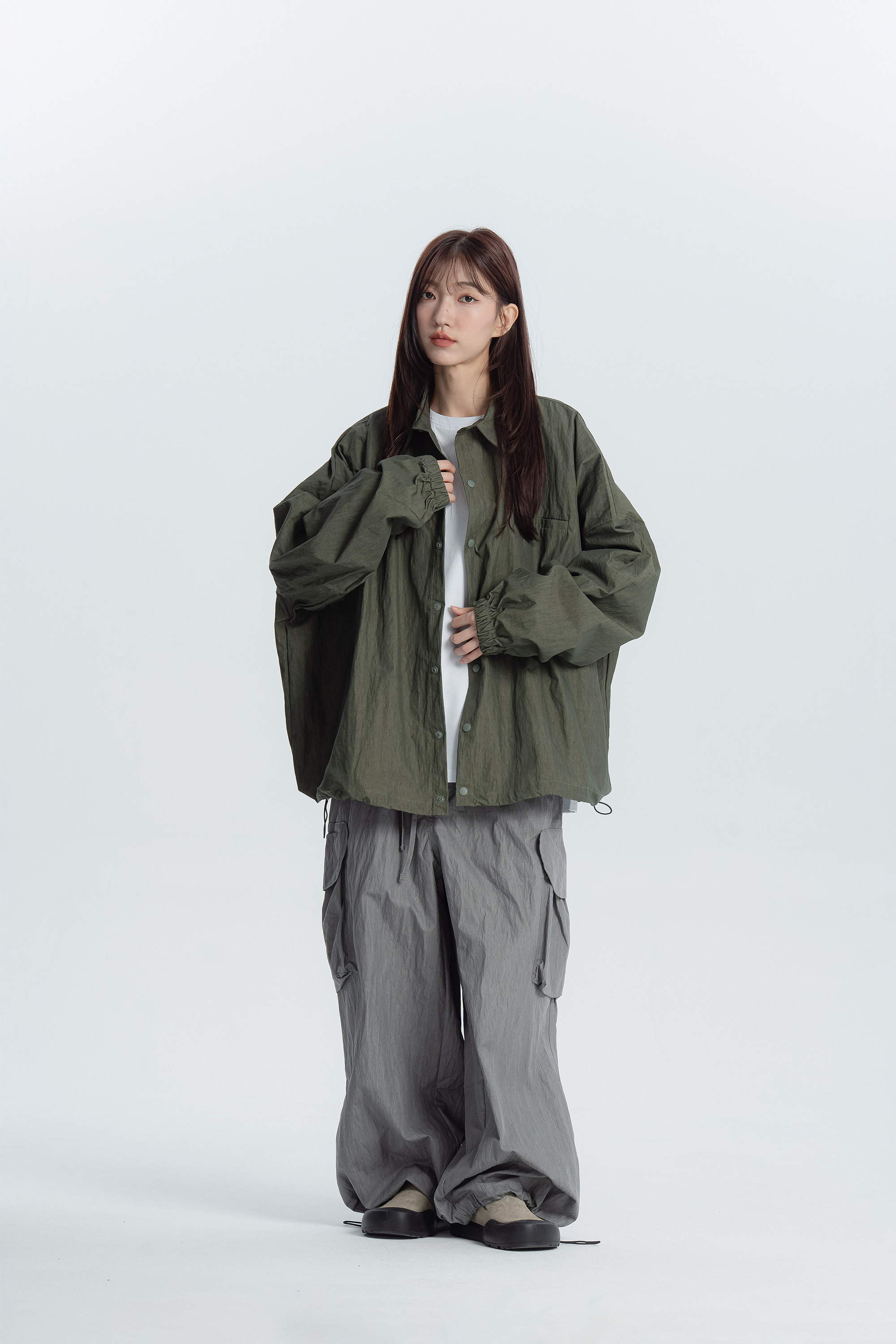 霧感工裝寬鬆縮口長襯 2色