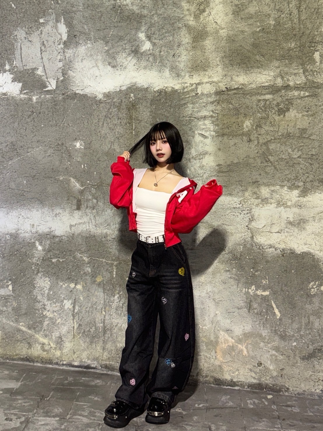 (GOAL) 刺繡愛心牛仔彎刀褲 ERHU 25029