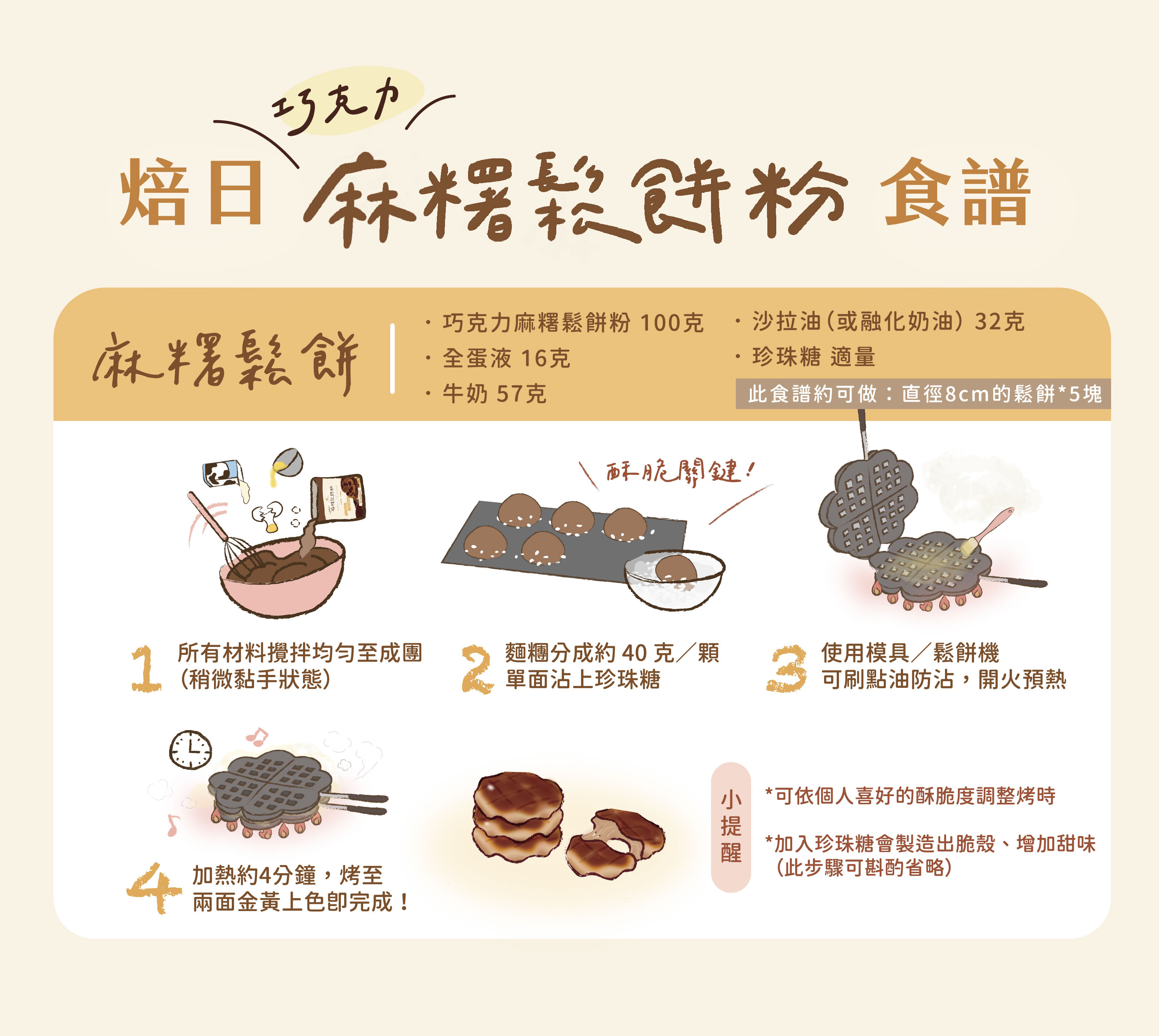 “焙日巧克力麻糬鬆餅粉包裝食譜圖”