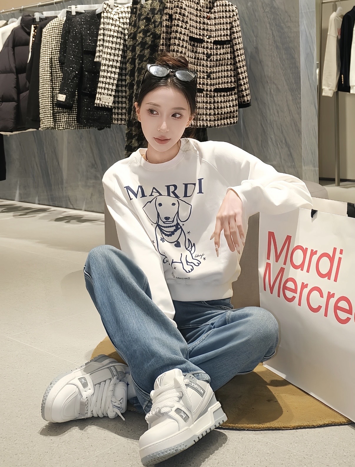 MARDI MERCREDI hoodie 圓領長袖小狗圖案衛衣