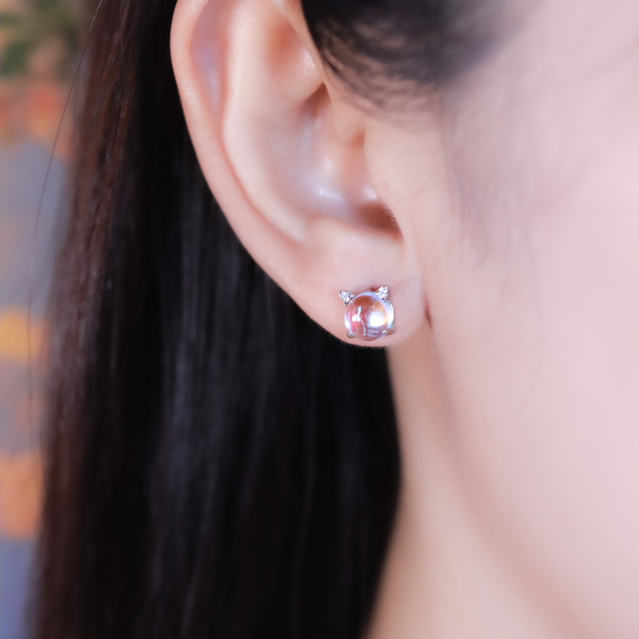 | 925銀・厚鍍白金・琉璃 | 漫藍小喵趣耳環 | EA1062 |