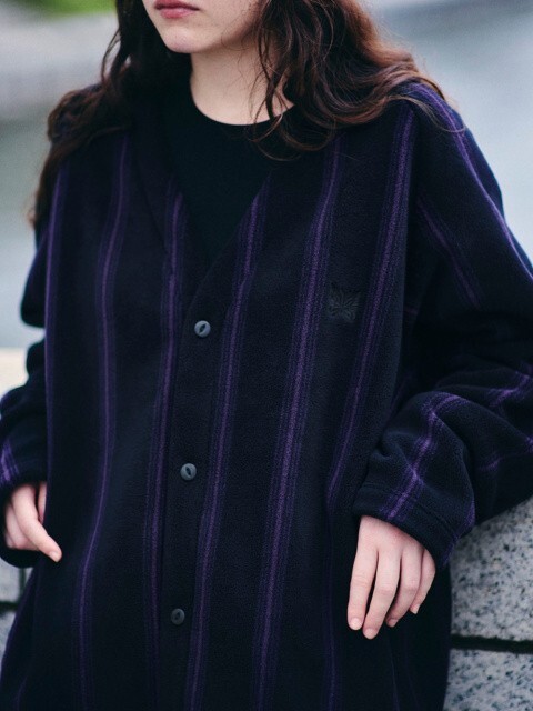 <快速出貨> Needles x Uniqlo 蝴蝶寬版刷毛開襟外套 黑條紋 刺繡