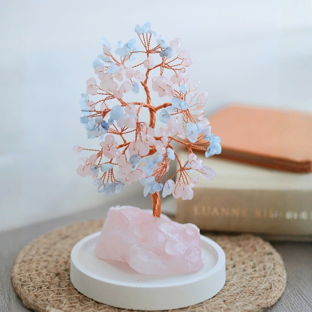 雙色水晶樹 (粉晶/海藍寶石) 原礦底座/CTRA  開運禮物 居家擺件 心靈療癒 新婚禮物 聖誕禮物禮盒